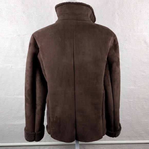 Lands' End Brown Faux Suede Leather Collared Button Up Long Sleeve Winter Coat - Picture 8 of 13